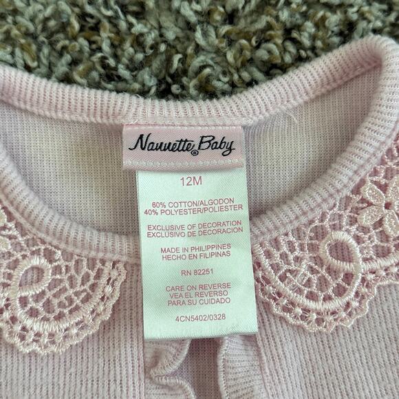 Nannette Baby Pink Knit Cropped Cardigan 12M Lace Detail Long Sleeve Sweater - Picture 3 of 4